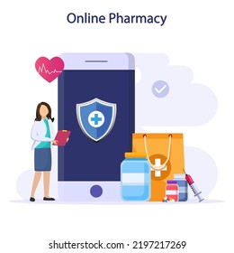 Vector illustration of online pharmacy store. Medicine ordering mobile app.