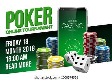 Vector illustration Online Poker casino banner with a mobile phone, chips, playing cards and dice. Marketing Luxury Banner Jackpot Online Casino