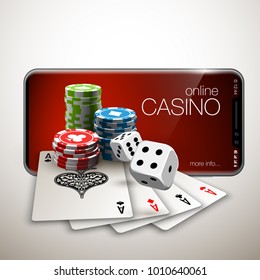 Vector illustration Online Poker casino banner with a mobile phone, chips, playing cards and dice. Marketing Luxury Banner Jackpot Online Casino with New model Smartphone. Empty advertising poster.