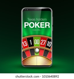 Vector illustration Online Poker casino banner with a mobile phone, chips, playing cards and dice. Marketing Luxury Banner Jackpot Online Casino
