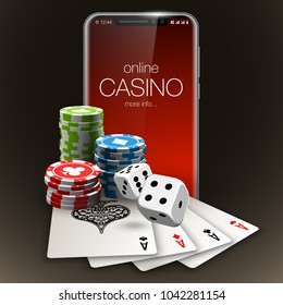 Vector illustration Online Poker casino banner with a mobile phone, chips, playing cards and dice. Marketing Luxury Banner Jackpot Online Casino with New model Smartphone. Empty advertising poster.