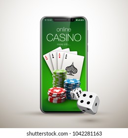 Vector illustration Online Poker casino banner with a mobile phone, chips, playing cards and dice. Marketing Luxury Banner Jackpot Online Casino with New model Smartphone. Empty advertising poster.