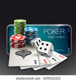 Vector illustration Online Poker casino banner with a mobile phone, chips, playing cards and dice. Marketing Luxury Banner Jackpot Online Casino with New model Smartphone. Empty advertising poster.