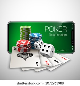 Vector illustration Online Poker casino banner with a mobile phone, chips, playing cards and dice. Marketing Luxury Banner Jackpot Online Casino with New model Smartphone. Empty advertising poster.