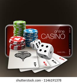 Vector illustration Online Poker casino banner with a mobile phone, chips, playing cards and dice. Marketing Luxury Banner Jackpot Online Casino with New model Smartphone. Empty advertising poster.