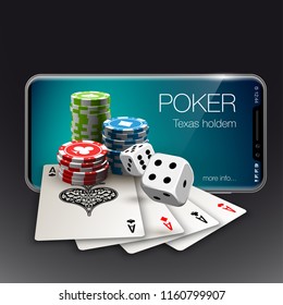 Vector illustration Online Poker casino banner with a mobile phone, chips, playing cards and dice. Marketing Luxury Banner Jackpot Online Casino with New model Smartphone. Empty advertising poster.