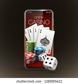 Vector illustration Online Poker casino banner with a mobile phone, chips, playing cards and dice. Marketing Luxury Banner Jackpot Online Casino with New model Smartphone. Empty advertising poster.