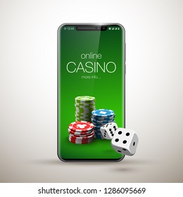 Vector illustration Online Poker casino banner with a mobile phone, chips, playing cards and dice. Marketing Luxury Banner Jackpot Online Casino with New model Smartphone. Empty advertising poster.
