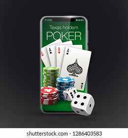 Vector illustration Online Poker casino banner with a mobile phone, chips, playing cards and dice. Marketing Luxury Banner Jackpot Online Casino with New model Smartphone. Empty advertising poster.