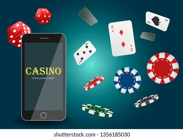 Vector illustration Online Poker casino banner with a mobile phone, chips, playing cards and dice.