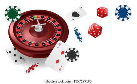 Vector illustration Online Poker casino banner with a mobile phone, chips, playing cards and dice.