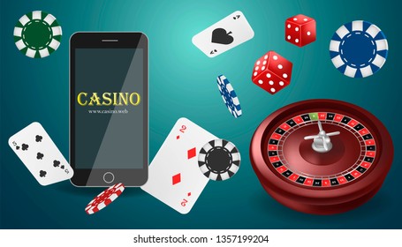 Vector illustration Online Poker casino banner with a mobile phone, chips, playing cards and dice.