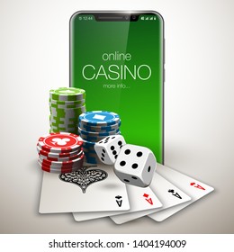 Vector illustration Online Poker casino banner with a mobile phone, chips, playing cards and dice. Marketing Luxury Banner Jackpot Online Casino with New model Smartphone. Empty advertising poster.