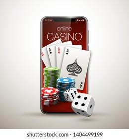 Vector illustration Online Poker casino banner with a mobile phone, chips, playing cards and dice. Marketing Luxury Banner Jackpot Online Casino with New model Smartphone. Empty advertising poster.