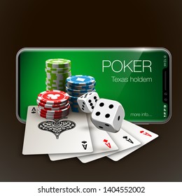 Vector illustration Online Poker casino banner with a mobile phone, chips, playing cards and dice. Marketing Luxury Banner Jackpot Online Casino with New model Smartphone. Empty advertising poster.