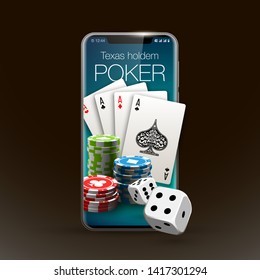 Vector illustration Online Poker casino banner with a mobile phone, chips, playing cards and dice. Marketing Luxury Banner Jackpot Online Casino with New model Smartphone. Empty advertising poster.