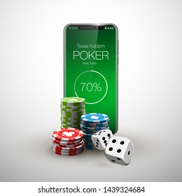 Vector illustration Online Poker casino banner with a mobile phone, chips, playing cards and dice. Marketing Luxury Banner Jackpot Online Casino with New model Smartphone. Empty advertising poster.
