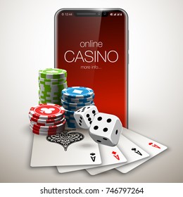 Vector illustration Online Poker casino banner with a mobile phone, chips, playing cards and dice. Marketing Luxury Banner Jackpot Online Casino with New model Smartphone. Empty advertising poster.