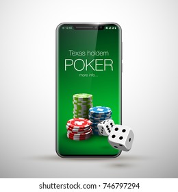 Vector illustration Online Poker casino banner with mobile phone x, chips, playing cards dice. Marketing Luxury Banner Jackpot Online Casino with New model Smartphone mobile phone. advertising poster