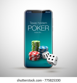 Vektorgrafik Online Poker Casino Banner mit einem Handy, Chips, Spielkarten und Würfel. Marketing Luxury Banner Jackpot Online Casino mit dem neuen Modell Smartphone. Leeres Werbeplakat.