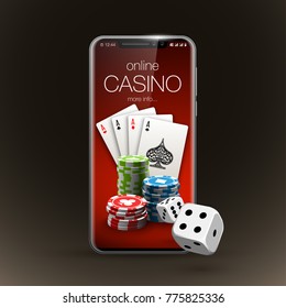 Vector illustration Online Poker casino banner with a mobile phone, chips, playing cards and dice. Marketing Luxury Banner Jackpot Online Casino with New model Smartphone. Empty advertising poster.