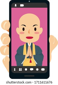 Vector illustration of online prayer on smartphone screen. Buddhist monk service. #01 Buddha. Spiritual. Buddhism. Japanese.
