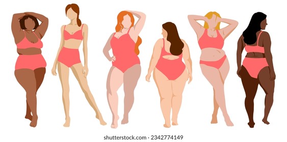 Ilustración vectorial. Presentación en línea de personajes femeninos de diferentes tamaños, colores, razas y etnias. Concepto de diversidad e imagen corporal positiva. Dibujado a mano, para: volante, afiche, marketing