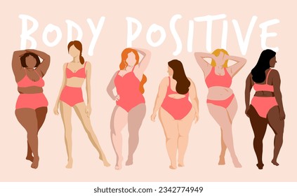 Vector illustration. Online presentation of female characters of different sizes, colors, races and ethnicities. Concept of diversity and positive body. Hand-drawn, for: flyer, poster, card, marketing