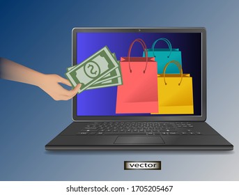 Vector illustration of online purchases packages with purchased goods in a laptop