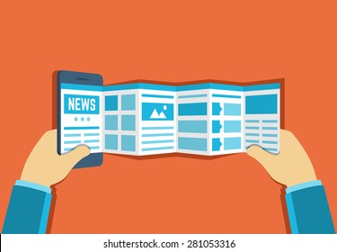 Vector Illustration Of Online Reading News Or Web Surfing Using Smartphone