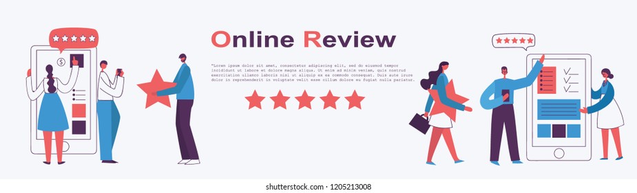 Vector illustration of the online review concept business people in the flat style.  Customer review give a five star in bubble box design concept