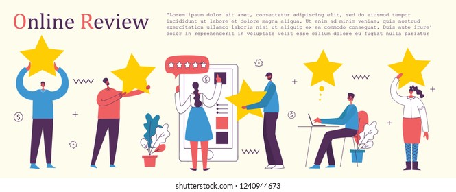 Vector illustration of the online review concept business people in the flat style. Customer review give a five star in bubble box design concept