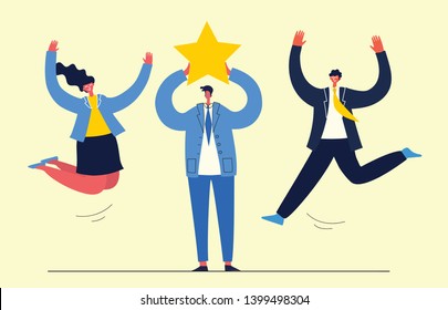 Vector illustration of the online review concept business people in the flat style. Customer review give a star  design concept 