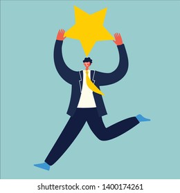 Vector illustration of the online review concept business man in the flat style. Customer review give a star design concept 