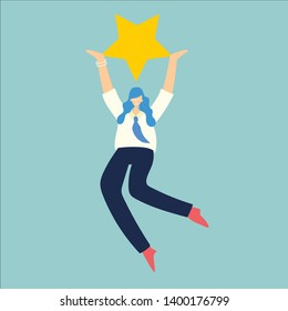 Vector illustration of the online review concept business woman in the flat style. Customer review give a star design concept 