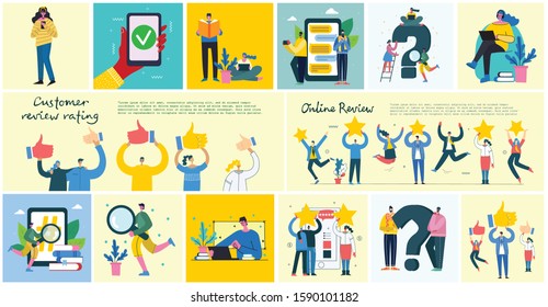 Vector illustration of the online review concept business people in the flat style. Customer review give a five star in bubble box design concept