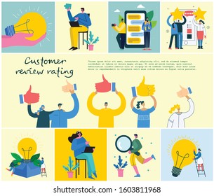 Vector illustration of the online review concept business people in the flat style. Customer review give a five star in bubble box design concept