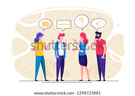 Vector illustration for online review theme. People with mobile device - laptop, tablet, smartphone - giving stars, rating. Thumb up, stars line icon. Concept design for landing page, mobile app, site
