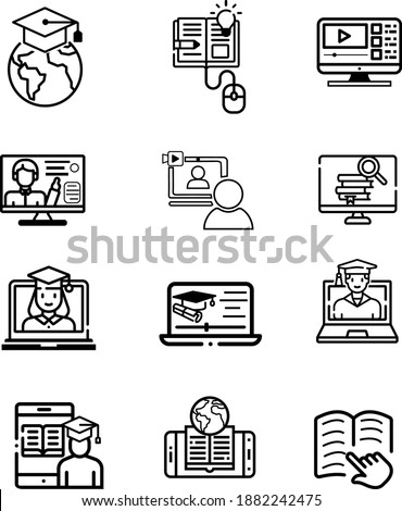 Vector illustration online school and higher education icons set in black outline style. Contains such Icons as Video Tutorial, E-book,diploma and other objects.