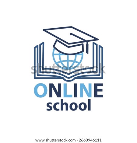 Vector illustration of an online school logo featuring a globe, an open book, and a graduation cap. Represents modern e-learning and global education trends in digital platforms.