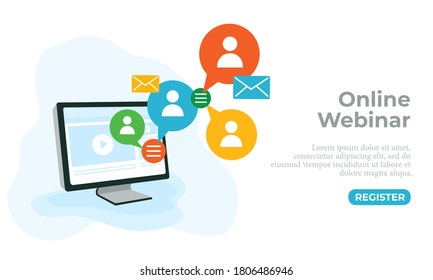 Vector illustration of an online seminar. Perfect for background elements from webinars, online course platforms, and tutorial website webpages. Internet discussion platform concept.