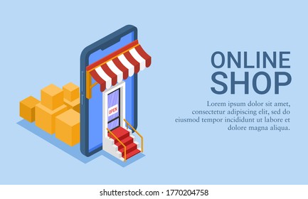 Vector illustration of an online shop and marketplace concept. Isometric background of a front view of an online shop. Shop entrance from the screen of a smart phone.