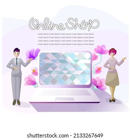 Vector illustration for online shop screen. A female clerk and a male clerk stand with one hand raised next to the computer and stood "Welcome". "Online shop" of cursive letters like a tube