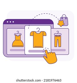 Ilustración vectorial compras online añadir artículos al carrito de la compra estilo sencillo plano