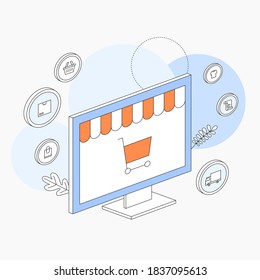 Ilustración vectorial de la compra en línea con ordenador e iconos.