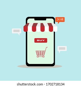 Vector  illustration of Online shopping concept. Smartphone with Awning and screen buy card. Mobile phone outdoor shop.