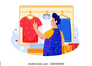 Vector illustration of online shopping concept. A happy man choses clothes for buying.