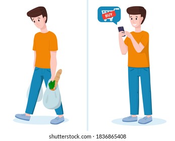 Vector illustration: online shopping concept. Man buys food online.