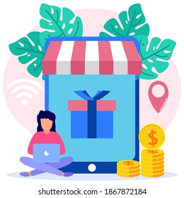 Vector illustration of online shopping concept in social media application. Chat messages, delivery, 24 hours, and like icons. suitable for digital shop promotion, web and advertising.