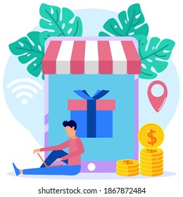 Ilustración vectorial del concepto de compras en línea en aplicaciones de medios sociales. Mensajes de chat, entrega, 24 horas, y como iconos. adecuado para promoción de tiendas digitales, web y publicidad.